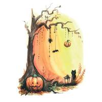 Halloween. un' albero con zucche, un' ragno, un' ragno ragnatela e un' pipistrello, un' gatto e un' torcia elettrica su un arancia sfondo. acquerello illustrazione. per decorazione, design di cartoline, manifesti, Souvenirs vettore