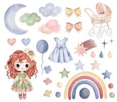 acquerello giocattoli Bambola, bambino passeggino. impostato di vettore mano disegnato asilo elementi, nuvole, Luna, arcobaleno, stelle
