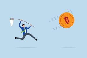 chasing alto prestazione bitcoin crypto moneta nel Toro mercato, avido investitore provando per catturare volante bitcoin. vettore