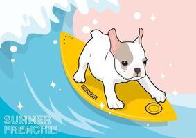 carino Frenchie e il suo tavola da surf nel il estate scena vettore