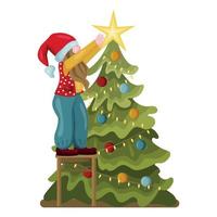 uno gnomo cartone animato in un costume colorato luminoso decora l'albero di natale. illustrazione per un nuovo anno o una cartolina di Natale. vettore. vettore