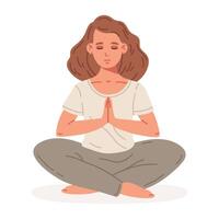 Meditare donna. femmina personaggio seduta nel yoga loto posa, fatica sollievo e meditazione concetto piatto vettore illustrazione. meditazione e respiro esercizio