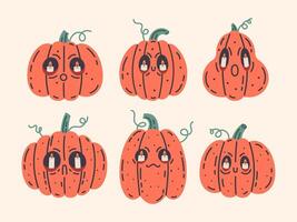 Halloween spaventoso zucca autunno personaggi. mano disegnato pauroso autunno raccogliere zucche, vettore Halloween verdura personaggi impostato