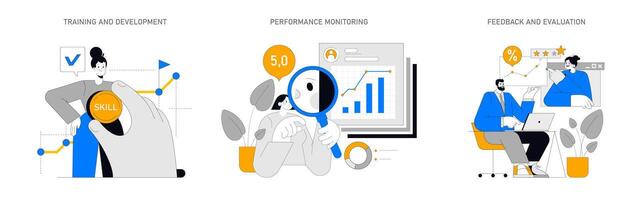 dipendente crescita impostare. abilità aumento, continuo prestazione revisione, e costruttivo risposta ciclo continuo. passaggi per carriera progressione nel il aziendale mondo. vettore illustratio