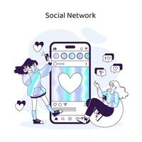 utenti interagire con soddisfare e amici attraverso un' sociale Rete piattaforma su loro smartphone vettore