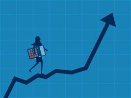 strategia per fabbricazione profitti. donna d'affari Tenere un' calcolatrice passeggiate su su un' in crescita grafico vettore