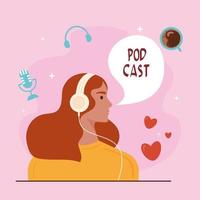 ragazza che ascolta podcast vettore