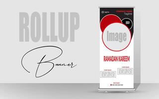 rotolo su bandiera con un' contento Ramadan design. unico pasto bandiera per Ramadan. rollup modello per cibo menu. vettore