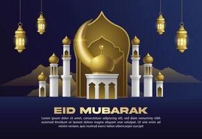 islamico saluto eid mubarak design sfondo, modello con bellissimo lanterne e mezzaluna vettore