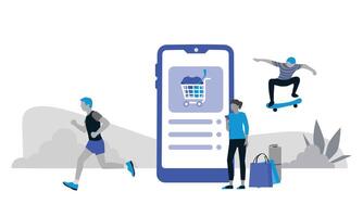 in linea shopping concetto. persone con smartphone e shopping carrello. vettore illustrazione