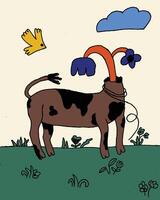 mano disegnato cartone animato astratto illustrazione di mucca su prateria vettore