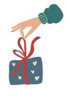 confezione regalo di Natale. la mano della donna scioglie un nastro su un regalo. cartolina per capodanno e buon natale. perfetto per biglietti di auguri di design, poster, biglietti, carta da imballaggio. vettore