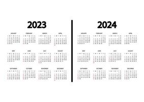 calendario 2023, anno 2024. la settimana inizia di domenica. modello di calendario annuale. calendario inglese annuale. calendario mockup design nei colori bianco e nero, festività nei colori rosso vettore