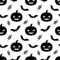 senza soluzione di continuità modello per Halloween festa con nero zucca e pipistrello. vettore monocromatico infinito modello su bianca. zucca silhouette