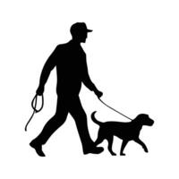 uomo a piedi con cane all'aperto vettore silhouette