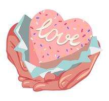 piccolo a forma di cuore torta nel mani. dolce poco dolce, carino, romantico, gustoso vacanza regalo. vettore illustrazione nel moderno stile. cartone animato clipart isolato su bianca.