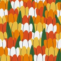 mano disegnato carino primavera botanica senza soluzione di continuità modello di tulipano con le foglie. piatto vettore Pasqua astratto Stampa design nel colorato scarabocchio stile. ripetuto sfondo con fiore campo, involucro o sfondo.