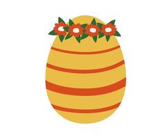 mano disegnato carino cartone animato illustrazione di Pasqua uovo nel un' ghirlanda. piatto vettore primavera Pasqua decorazione etichetta nel colorato scarabocchio stile. pysanka con fiore ghirlanda icona o Stampa. isolato su sfondo