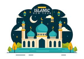 contento Muharram vettore illustrazione di festeggiare islamico nuovo anno con moschea, Luna e lanterna concetto nel piatto bambini cartone animato sfondo