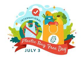 internazionale plastica Borsa gratuito giorno vettore illustrazione su 3 luglio con partire verde, Salva terra e oceano nel eco stile di vita piatto cartone animato sfondo