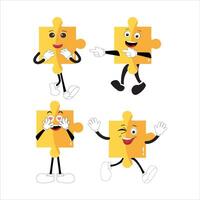 puzzle facce. divertente luminosa puzzle pezzi personaggi carino Sorridi o arrabbiato viso emozione, sega emoji aderire amici creativo forma cartone animato portafortuna concetto vettore illustrazione di puzzle espressione divertente