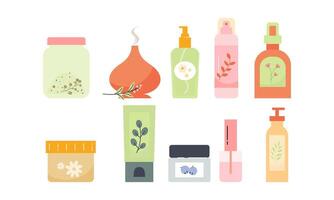 naturale biologico cosmetici per pelle nel colorato bottiglie, tubi, barattoli vettore piatto illustrazione