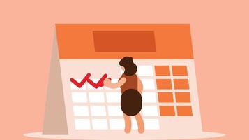 donna è controllo un' calendario date su un' calendario icona vettore illustrazione