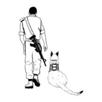 posa k9 cane e a piedi soldato indietro Visualizza vettore illustrazione. Israele oketz speciale forze Tedesco pastore o belga malinois nero e bianca disegno per patriottico ricordo giorno disegni.