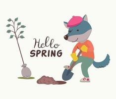 lupo piantare albero nel primavera vettore illustrazione