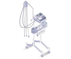 medico attrezzatura ventilatore icu paziente piatto isometrico illustrazione vettore
