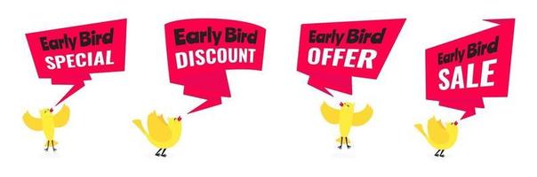 Early bird offerta speciale sconto vendita evento banner piatto stile design illustrazione vettoriale set.