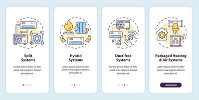 tipi di HVAC sistemi onboarding mobile App schermo. Procedura dettagliata 4 passaggi modificabile grafico Istruzioni con lineare concetti. ui, ux, gui modello vettore