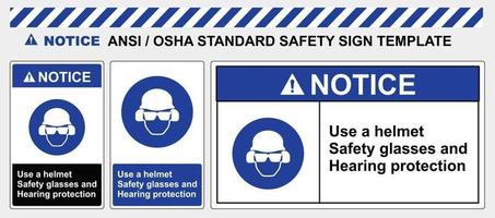 modello di segnaletica di sicurezza utilizzare occhiali di sicurezza e protezioni per l'udito, standard ansi e osha vettore