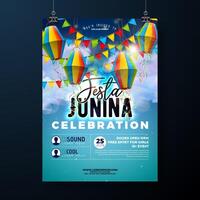 festa junina festa aviatore illustrazione con carta lanterna e bandiera su blu nuvoloso cielo sfondo. vettore brasile giugno sao joao Festival design per invito o vacanza celebrazione manifesto.
