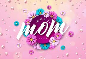 contento La madre di giorno illustrazione con primavera fiore e migliore mamma mai tipografia lettering su rosa sfondo. vettore madre giorno design per saluto carta, striscione, volantino, opuscolo, manifesto.