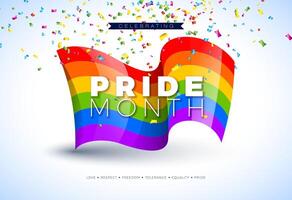 LGBTQ orgoglio mese illustrazione con arcobaleno bandiera e colorato coriandoli su bianca sfondo. amore è amore umano diritti o diversità concetto. vettore lgbt evento bandiera design per cartolina, bandiera