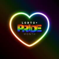 orgoglio mese LGBTQ illustrazione con raggiante arcobaleno neon leggero cuore e carta etichetta su nero sfondo. amore è amore umano diritti o diversità concetto. vettore lgbt evento bandiera design per cartolina