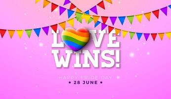 amore vince. contento orgoglio giorno LGBTQ illustrazione con arcobaleno cuore e colorato festa bandiera su rosa sfondo. 28 giugno amore è amore umano diritti o diversità concetto. vettore lgbt evento bandiera design