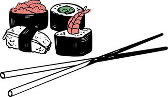 vario Sushi asiatico cibo mano disegnato vettore impostato con piatto bastoncini isolato su bianca