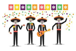 cinco de mayo saluto carta, invito. divertente scheletri giocando chitarra, maracas. vettore illustrazione