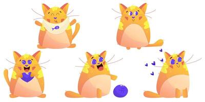 carino kawaii gatto personaggio impostato contento animale. arancia carino gatto animale domestico. cartone animato vettore illustrazione. contento gattino Miao kawaii personaggio