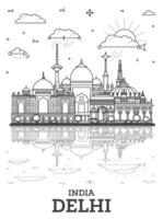 schema delhi India città orizzonte con storico edifici e riflessi isolato su bianca. illustrazione. delhi paesaggio urbano con punti di riferimento. vettore