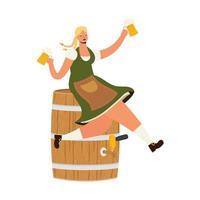 bella donna tedesca che beve birra seduta in un personaggio di botte vettore