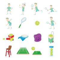 set di icone di tennis, stile cartone animato vettore