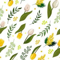 senza soluzione di continuità vettore modello con bianca tulipani e giallo mimosa su bianca sfondo. piatto design con fiori per scrapbooking, bambini Abiti, vestire, tessuto e tessile