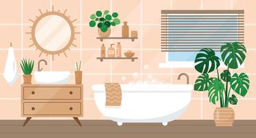 accogliente bagno interno nel di moda Scandic hygge stile con vasca da bagno, impianti, Lavello e Accessori. moderno Casa o appartamento. piatto o cartone animato vettore illustrazione.