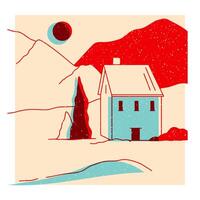 paesaggio. ranch, Casa nel il montagna, azienda agricola, prato, Casa, albero, strada, montagna. mano disegnato vettore illustrazione. colorato carino schermo stampa effetto. riso Stampa effetto. icona, logo, Stampa, manifesto