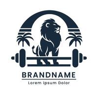 spiaggia fitness logo con manubrio e Leone Palestra il branding emblema moderno vettore