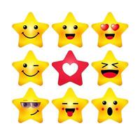 impostato di carino stelle, collezione di 3d emoticon. positivo e amichevole icone. stella forma con giallo facce. animazione idea. Internet messaggero concetto. personaggi e pulsanti. ragnatela simboli o pulsanti. vettore