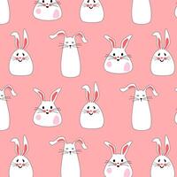 senza soluzione di continuità modello con carino bianca conigli con fiori. Pasqua coniglietti per stampa su bambini prodotti, tessuto e sfondo su un' rosa sfondo. cartone animato vettore illustrazione.
